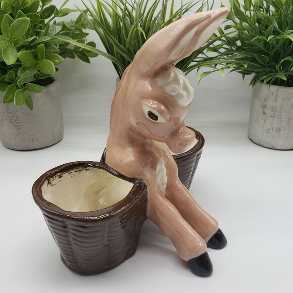 Vintage Ceramic Light Pink Brown Baskets Donkey Planter - AS IS - Picture 1 of 12